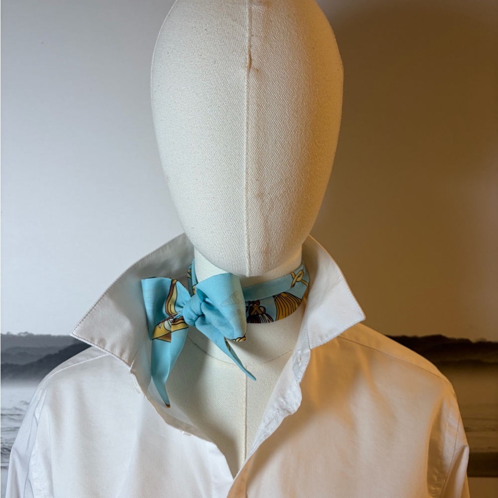 Soft Sky Blue & Gold Crown Print Twilly Scarf